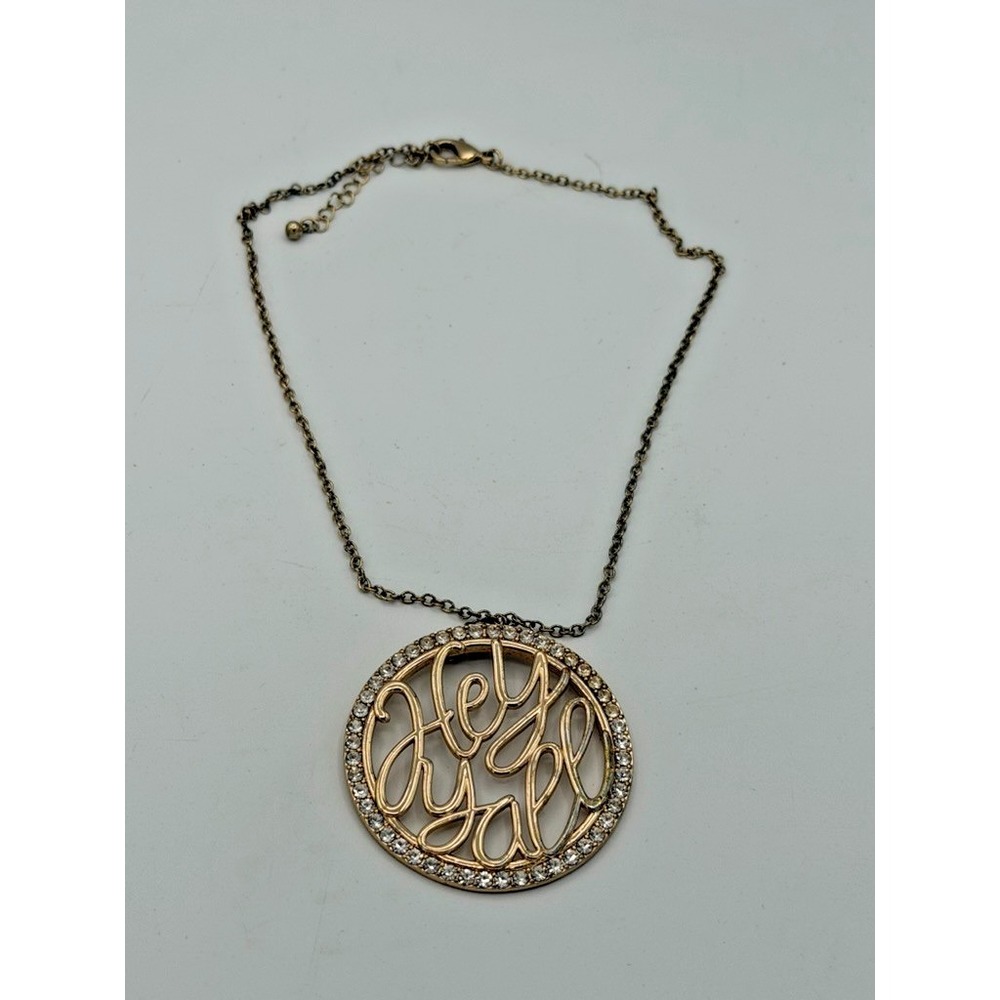 Hey Y'all Script Pendant Necklace Rhinestone Circle Gold Tone Southern Phrase